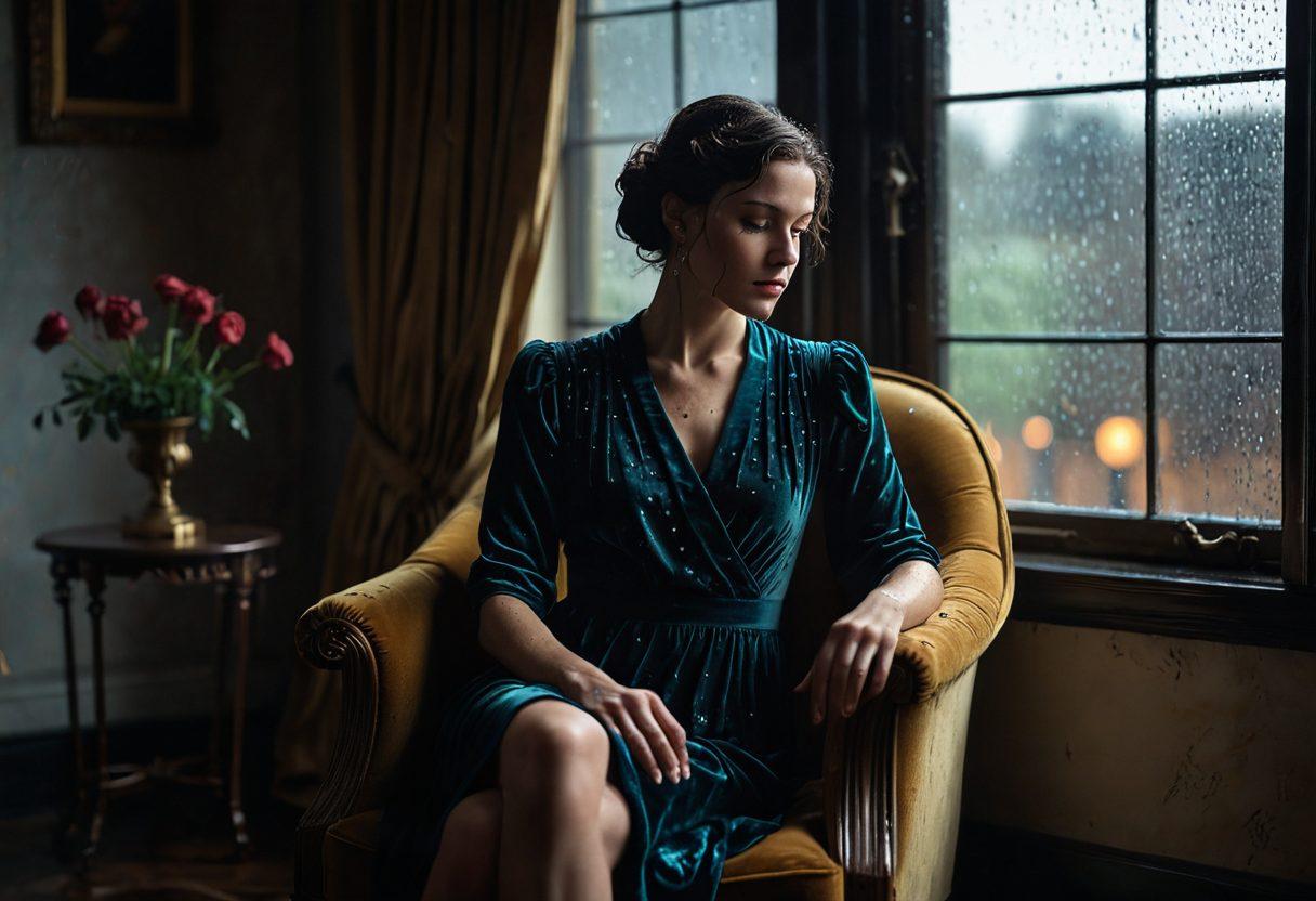 A dimly lit room with a vintage velvet armchair, where a woman gazes thoughtfully out of a rain-soaked window, conveying a deep sense of longing and introspection. Soft, warm lighting creates an intimate atmosphere, highlighting the textures of her flowing dress and the droplets on the glass. In the background, blurred shadows hint at unresolved emotions and untold stories. super-realistic. moody colors. soft focus.