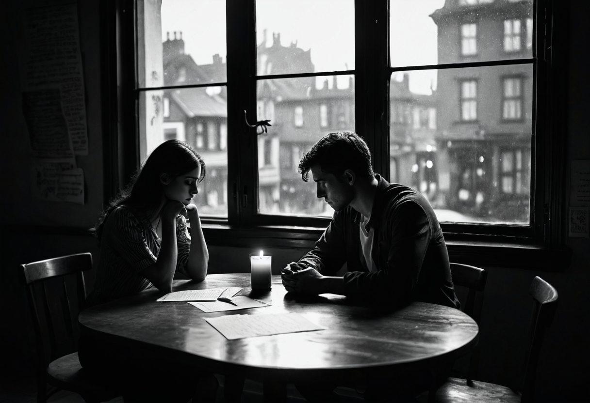 A shadowy, dimly lit café scene with a couple sitting at a table, their hands barely touching, surrounded by crumpled love letters. The woman's eyes are filled with tears while the man gazes out the window, lost in thought. A single candle between them flickers, casting dramatic shadows. Dark red and deep blue tones evoke a sense of melancholy. painting. moody atmosphere.