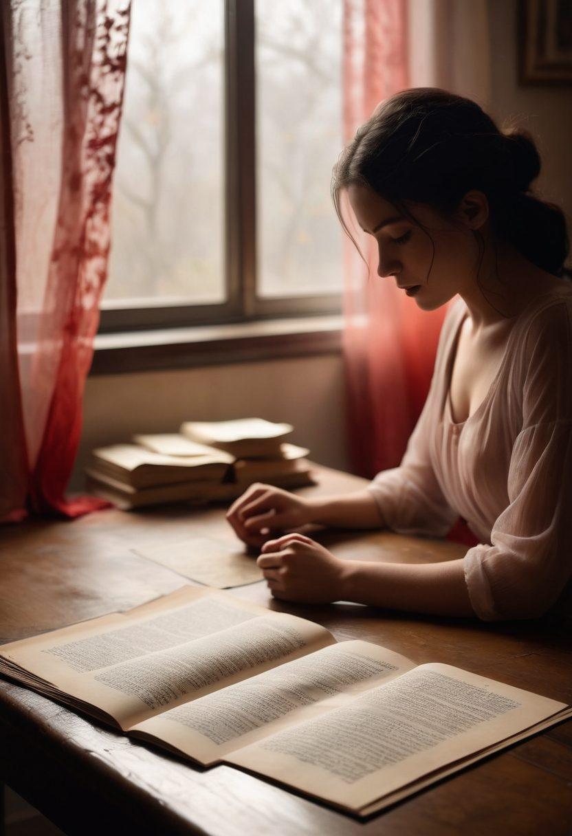 A dimly lit room filled with shadows, featuring an open book with delicate pages fluttering, showcasing a single tear drop falling onto the words. Silhouette of a couple entwined in a longing pose, emphasizing the sadness and eroticism of heartbreak. Soft, muted colors with a hint of red to symbolize passion and sorrow. The atmosphere is enveloped in a misty haze, inviting the reader into a world of deep emotions. painting. muted colors.
